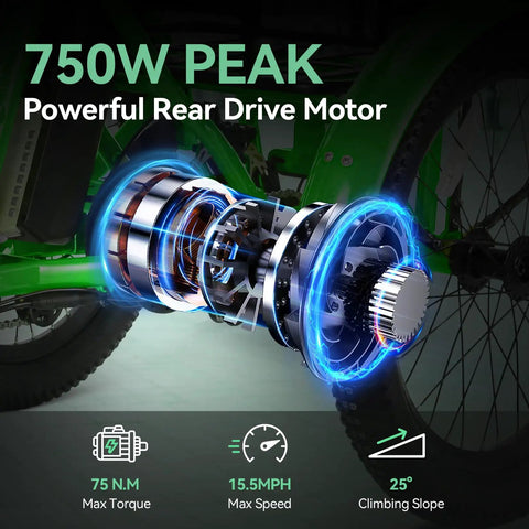 All Terrain Adult Electric Trike With Three Wheels Folding Design 450 Lb Load Up To 40 Miles Of Range At Fifteen Point Five To Nineteen MPH 750W Peak Motor With Removable Battery UL Certified Step Through E Trike For Easy City Cruising rear drive motor