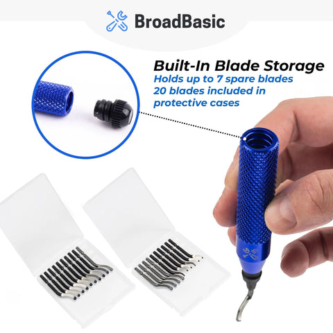 Blue deburring tool with built-in blade storage and 20 high-speed steel blades; includes two blade cases