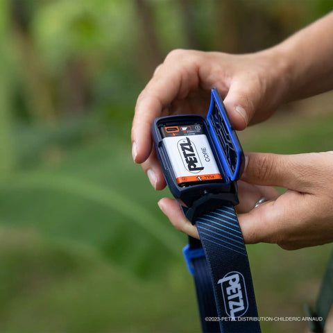 Core Rechargeable Battery For Hybrid Headlamps 1250 mAh Li Ion With USB Micro USB Port visible in headlamp slot