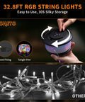 3 In 1 Camping String Lights With Retractable RGB LEDs 19 Lighting Modes shown in hand with spool and glowing LEDs