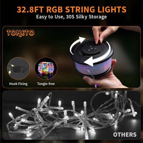 3 In 1 Camping String Lights With Retractable RGB LEDs 19 Lighting Modes shown in hand with spool and glowing LEDs