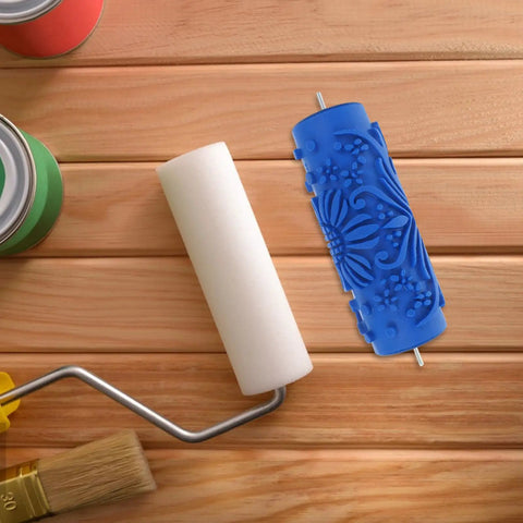 Patterned Paint Roller Brings Flower Wall Art Vibes To Quick Home Decor Refreshes And Furniture Printing Projects Making Each Room A Total Game Changer Always, featuring blue floral rubber cover and white foam roller.