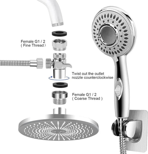 Hella Durable Shower Head Sink Faucet Bathtub Sprayer Attachment With Nine Adapters And Smart Diverter For High Pressure Bathroom Cleaning Pet Washing And Kitchen Cleanup No Fuss Setup, chrome shower head with diverter and hose.