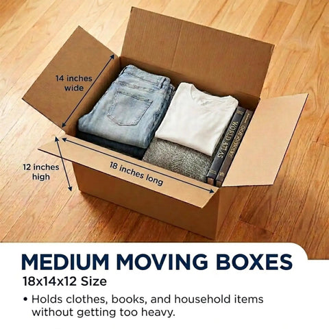 Open kraft brown medium moving box 18x14x12 inches with clothes and books, on wooden floor, showcasing interior space.