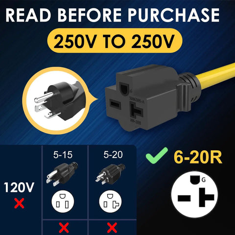 Nema 6-50 To 6-20 Plug Adapter Featuring 10 Awg Stw Wire For Ev Charger And Welder Power Hookup Heavy Duty Shop Ready showing 250V connectors.