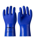 Premium Pvc Chemical Gloves With Sturdy Nonslip Grip And Serious Oil Acid Alkali Shield For Daily Tradesman Tasks And Yard Work That Actually Hold Up Under Heavy Use. Blue gloves view with textured grip and extended cuff.