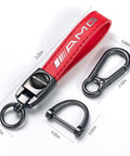 Premium Genuine Leather Keychain For Mercedes Benz Amg Heavy Duty Zinc Alloy Ring For Men And Women Straight Up Sleek Red Auto Swivel Clip, shown with sizes.