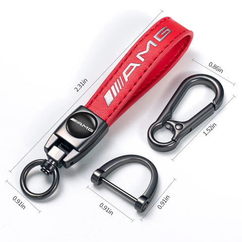 Premium Genuine Leather Keychain For Mercedes Benz Amg Heavy Duty Zinc Alloy Ring For Men And Women Straight Up Sleek Red Auto Swivel Clip, shown with sizes.