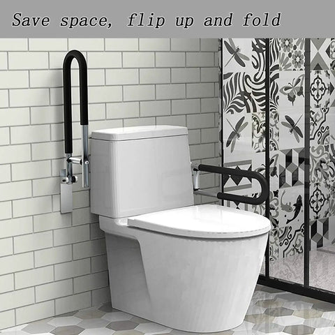 Fold Down Grab Bar 24 Inch Flip Up Handicap Support Wall Mounted Shower Safety Bar With Non Slip Grips next to a toilet in bathroom