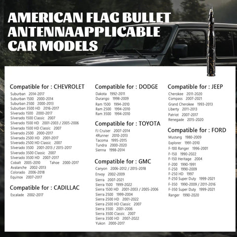Stubby Bullet Car Antenna With Iridescent Finish 5.5 Inch Beefed Up Truck Antenna For Chevy Silverado GMC Sierra Ford F Series Ram 1500 2500 3500 Jeep Pickups Easy Install Valve Stem Caps Included next to a list of compatible car models.