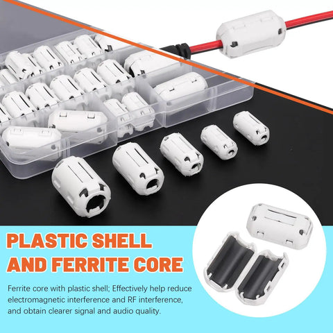 Clip On Ferrite Ring Core EMI RFI Noise Suppressor Cable Clips Set 28 Pcs For 3 5 7 9 13 Millimeter Diameter Cables White 5 Size Kit Durable Plastic Shell With High Magnetic Permeability For Audio And Data Lines visible in packaging