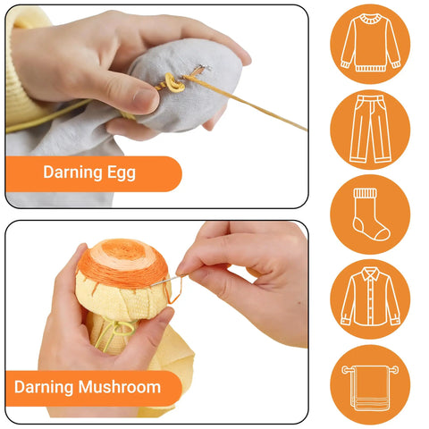 Speedweve Style Darning Loom Kit With 14 And 28 Hook Looms, featuring hands using darning egg and mushroom on fabric.
