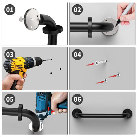 Step-by-step installation of Two Pack 12 Inch Matte Black Shower Grab Bars Stainless Steel Wall Mount Safety Hand Rail for bathroom aid.