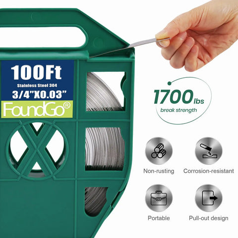 Stainless Steel Strapping Banding Kit With Ratchet Tensioner And Cutting Tool For Three Quarters Inch By One Hundred Feet Of 304 Stainless Steel Banding Includes 100 Buckles Hammer And Work Gloves For Heavy Duty Pallet Packaging in green disp...