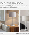 Table Lamp With Scratch Proof And Corrosion Resistant Body Matte White In A Scandinavian Inspired Tulip Design With A Striped Shade For Cozy Vibe Lighting In Bedroom And Living Room And Home Office, placed on a bedside table