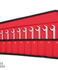 Open red angle head wrench pouch with twelve numbered pockets for 8 to 19 millimeter tools, durable pro-grade holder with wrench ID