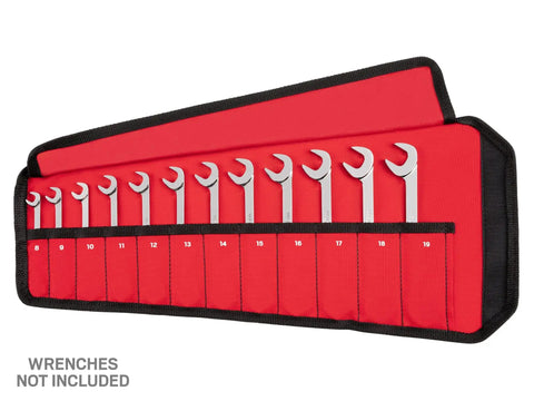 Open red angle head wrench pouch with twelve numbered pockets for 8 to 19 millimeter tools, durable pro-grade holder with wrench ID