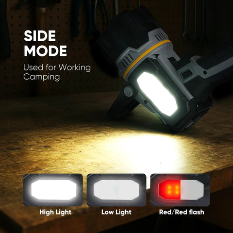 Rechargeable Spotlight 2,000,000 Lumens Beast Bright With 9 LED Plus COB Light, Foldable Stand, shown in side mode