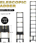 Black Telescopic Ladder For Home And Outdoor Use 10.5 Feet Aluminum Extension Ladder With Non Slip Feet, 330 Lb Capacity
