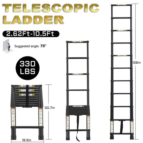 Black Telescopic Ladder For Home And Outdoor Use 10.5 Feet Aluminum Extension Ladder With Non Slip Feet, 330 Lb Capacity