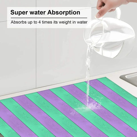 Pouring water on Purple Green Wood Grain Print Microfiber Dish Drying Mat For Kitchen Counter Super Absorbent And Machine Washable Dish Drying Pad Rack Mat 16 By 18 Inches Quick Dry Kitchen Counter Essential