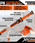 Heavy Duty Wheel Chock And E Track Tie Down Straps Kit Four Pack 2 Inch By 9 Foot Ratchet Straps With Steel Wheel Chocks 1466 Lbs Working Load Capacity For ATV UTV Trailer Hauling Orange, showing detailed features.