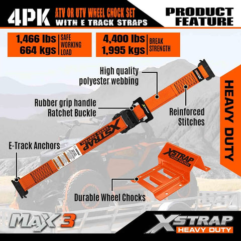 Heavy Duty Wheel Chock And E Track Tie Down Straps Kit Four Pack 2 Inch By 9 Foot Ratchet Straps With Steel Wheel Chocks 1466 Lbs Working Load Capacity For ATV UTV Trailer Hauling Orange, showing detailed features.