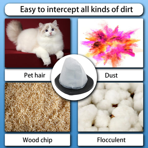 Image showing uses of vacuum filter with pet hair, dust, wood chips, and flocculent. Beef Up Suction With This 2 Pack Vacuum Filter And 4 Pack Foam Filter Set For 2030 Series Vacuums Includes 2 Filter Assemblies And 4 Pre-Motor Foam Filters For 2030, 20303, 20306, 20307, 20309, 2030H, 2030V, 2030X, 2030Z Not For 1059, 2033, 38B1.