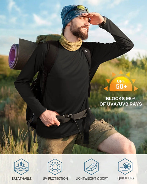 Man hiking in Mens UPF 50 Plus Sun Protection Long Sleeve Rash Guard Shirt For Fishing Hiking Swimming Diving And Outdoor Adventures Quick Dry Lightweight UV Shield Built For The Grind Black.