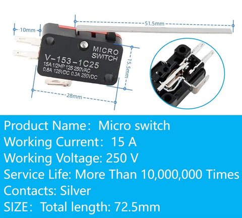 10Pcs Micro Limit Switch Kit SPDT 1NO 1NC with Lever, Momentary Type, 15A 250V AC dimensions and details label