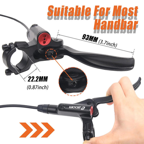 Front view of Bucklos Zoom MTB hydraulic brake lever with caliper; aluminum alloy lever, pre-bled.