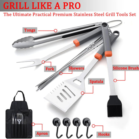 All In One Grill Tools Set With 4 In 1 Spatula, Tongs, Fork, Silicone Brush, Six Reusable Skewers, Hooks And Apron Storage Bag