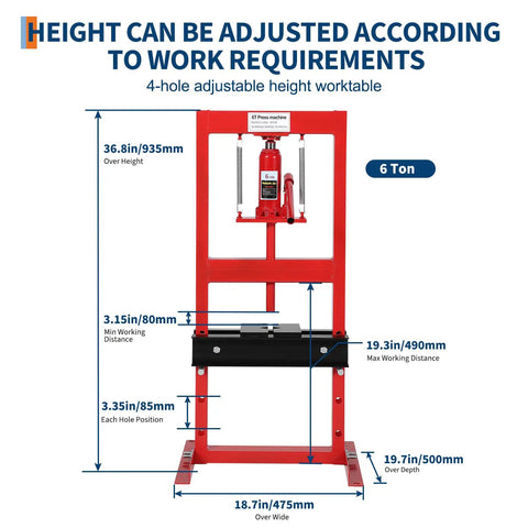 6 Ton Hydraulic Shop Press H Frame With 4 Position Adjustable Height, Movable Plates And Dust Cover, Heavy Duty Build, Red
