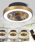 Enclosed Low Profile Ceiling Fan With Light In Modern Gold 3 Color Dimming LED Lights 6 Speed Indoor Ceiling Fan For Bedroom And Living Room Quiet Energy Efficient Includes 2H Smart Timer showing fan with remote control and adjustable LED light settings.