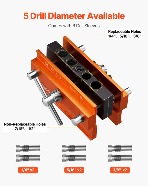 Knockout Self Centering Dowel Drill Jig Kit For Woodworking with adjustable drill sleeves for 1/4", 5/16", and 3/8" holes.