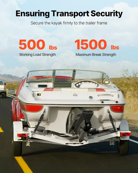 Boat secured with Beefed Up Heavy Duty Boat Trailer Transom Straps 2 Pack, 2In X 24In Adjustable Tie Downs