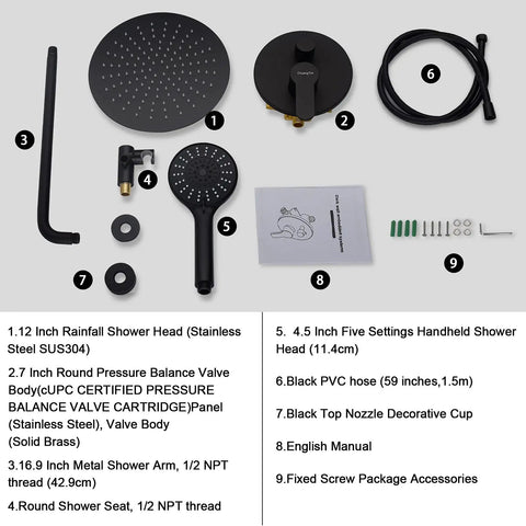 Matte Black All In One Shower System Complete Kit With 12 Inch Rainfall Shower Head And 5 Setting Handheld Rough In Valve Body And Trim Included 16.9 Inch Shower Arm And 59 Inch Hose For High Pressure Spa visible parts unassembled on white background