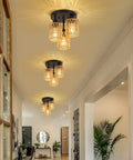 Three Light Boho Rattan Ceiling Fixture with Hand Woven Cage Shade in hallway setting, warm glow, farmhouse style