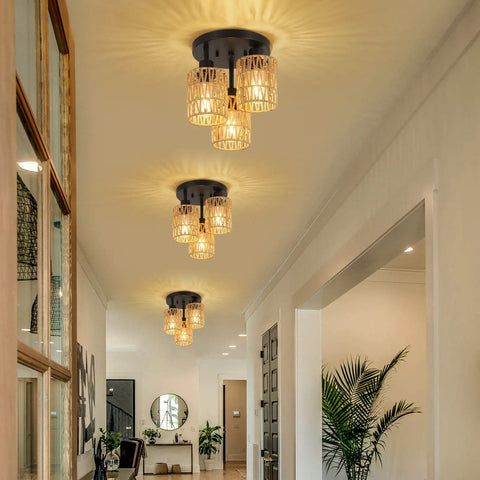 Three Light Boho Rattan Ceiling Fixture with Hand Woven Cage Shade in hallway setting, warm glow, farmhouse style