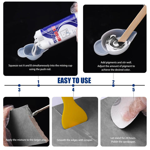Tile Repair Kit For Porcelain And Ceramic Surfaces, Quick Fix For Scratches, Chips, Dents And Holes In Bathtubs And Shower Trays, Repairs Marble, Granite, Quartz, Acrylic, Fiberglass Countertops And More For A Look That Looks Brand New, showing mixing and application process.