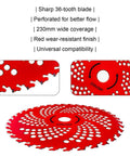 Red 36-tooth brush cutter blade, perforated for flow, part of All In One Steel Trimmer Head With Beefy 6 Blade Razors And 36 Tooth Brush Cutter Blade 65Mn Steel Universal Adapter Kit Fits Stihl Husqvarna Ego Oregon Hitachi Trimmers For Heavy Duty Lawn Maintenance.
