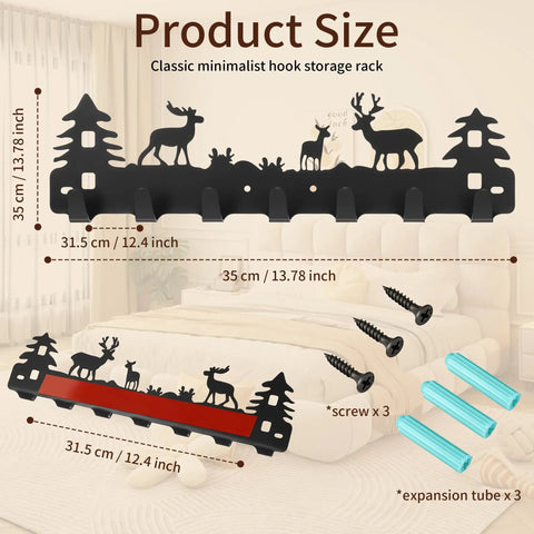 Chic Deer Wall Hook Rack With Seven Smooth Hooks And Double Adhesive Screw Mount For Kitchen Bathroom Storage Waterproof Black Metal Build showing dimensions and installation accessories.