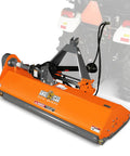 72 Inch Three Point PTO Flail Mower With Eight Inch Left Right Hydraulic Side Shift For 45 85 HP CAT 1 Tractors in orange on field