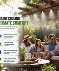Outdoor Patio Misting System 50Ft With 8 Brass Nozzles And Water Filter DIY Kit For Garden Greenhouse Backyard Cooling Beat The Heat With Instant Cool Comfort On Hot Days installed on pergola, cooling a group of people.