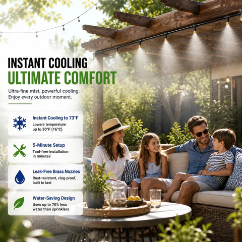 Outdoor Patio Misting System 50Ft With 8 Brass Nozzles And Water Filter DIY Kit For Garden Greenhouse Backyard Cooling Beat The Heat With Instant Cool Comfort On Hot Days installed on pergola, cooling a group of people.