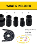 Image showing components of 12 Foot Dust Collection Vacuum Hose Kit With Five Fittings For Woodworking And Home Shop Use Flexible Dry Wet Vac Hose Attachments That Fit Most Power Tools Table Saws Sanders Drills And Dust Collectors, including 12-foot hose and five attachments.