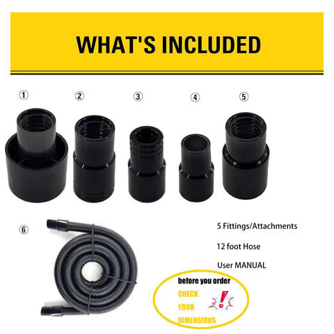 Image showing components of 12 Foot Dust Collection Vacuum Hose Kit With Five Fittings For Woodworking And Home Shop Use Flexible Dry Wet Vac Hose Attachments That Fit Most Power Tools Table Saws Sanders Drills And Dust Collectors, including 12-foot hose and five attachments.