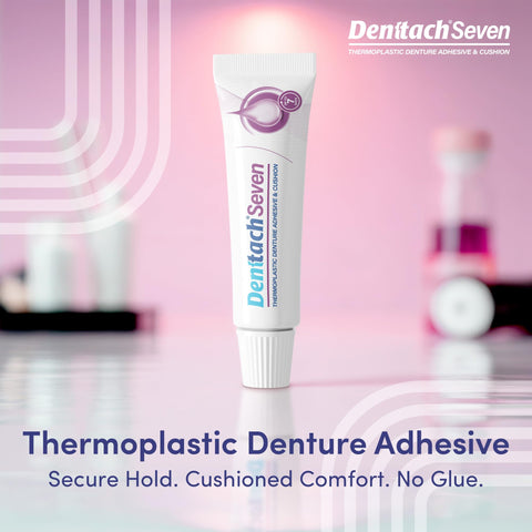 Tube of Thermoplastic Denture Adhesive That Doubles As Cushion And Reliner For All Day Hold Up To 7 Days No Slip Grip, on table.