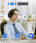 Customer service representative wearing a headset providing 24-hour 1-on-1 support at a desk.
