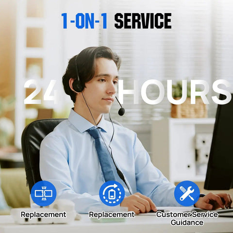 Customer service representative wearing a headset providing 24-hour 1-on-1 support at a desk.